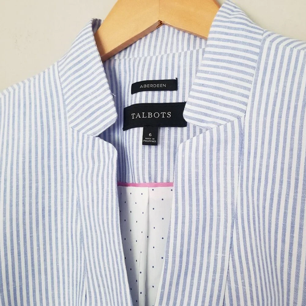 Talbots Light Blue White Stripe Lightweight Blazer Jacket 6 Linen Cotton $159 - Picture 9 of 16